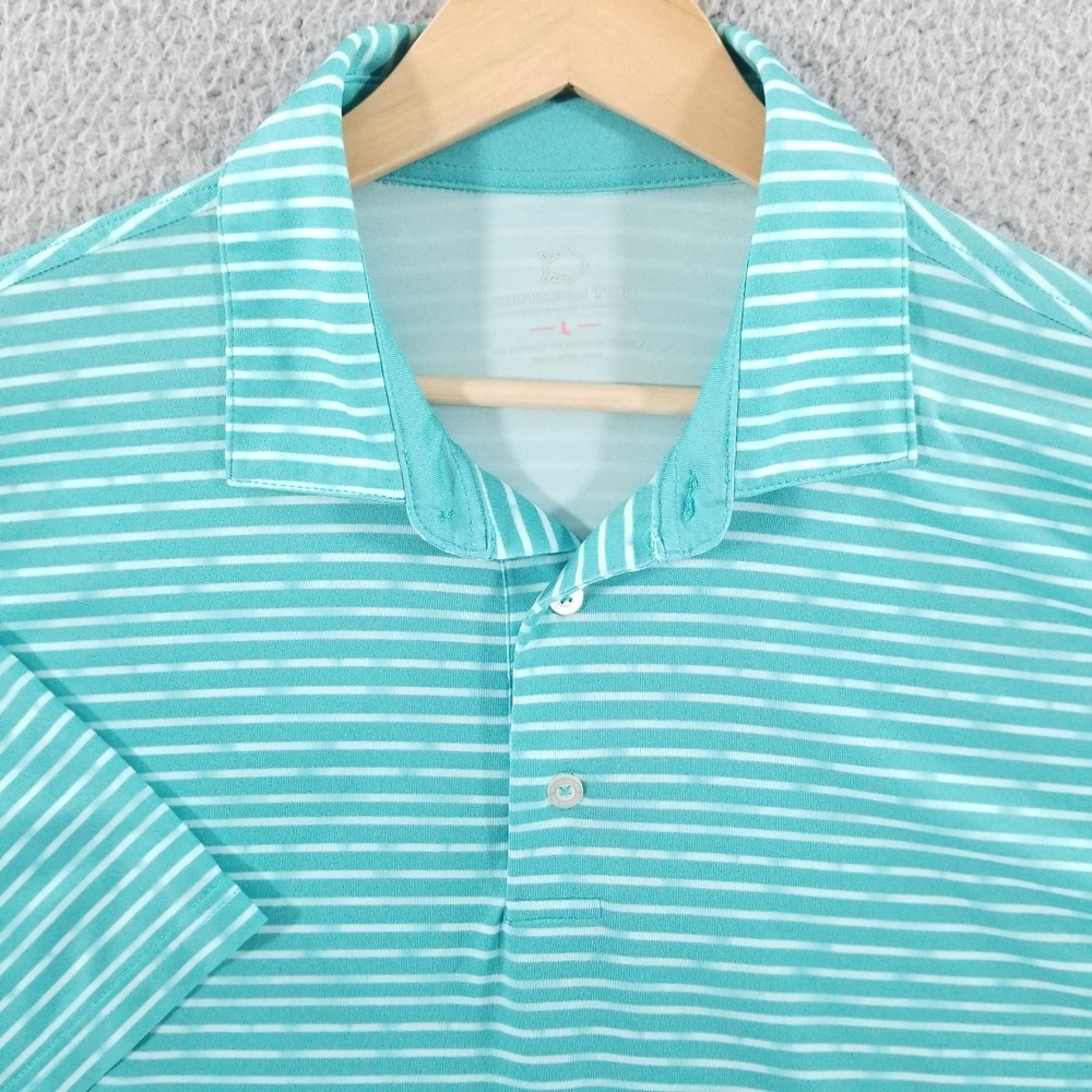 Southern Tide Polo Shirt Mens Large Aqua Striped Performance Golf Fish Logo